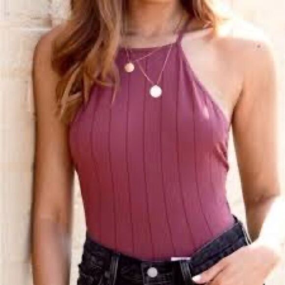 Free People Bridget Square Neck Halter Top Bodysuit In Wine - Picture 1 of 3